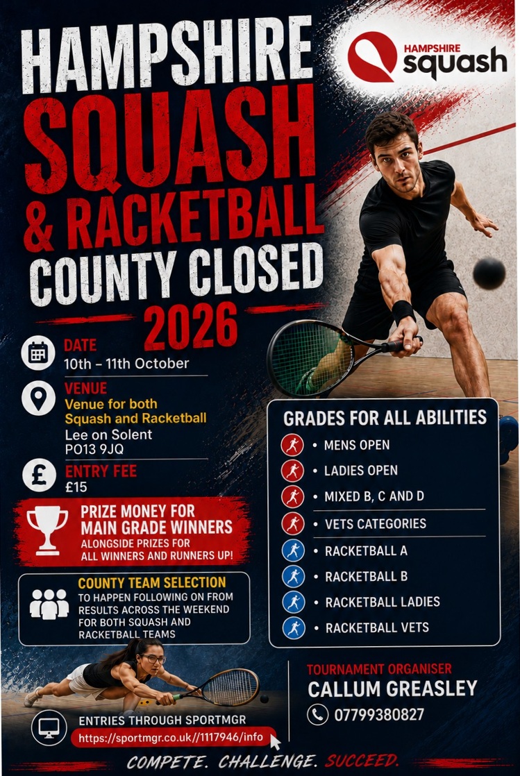 Hampshire Squash & Racketball County Closed 2026 poster — 10-11 October, Lee-on-Solent, PO13 9JQ, £15 entry, grades for all abilities, entries via SportMgr